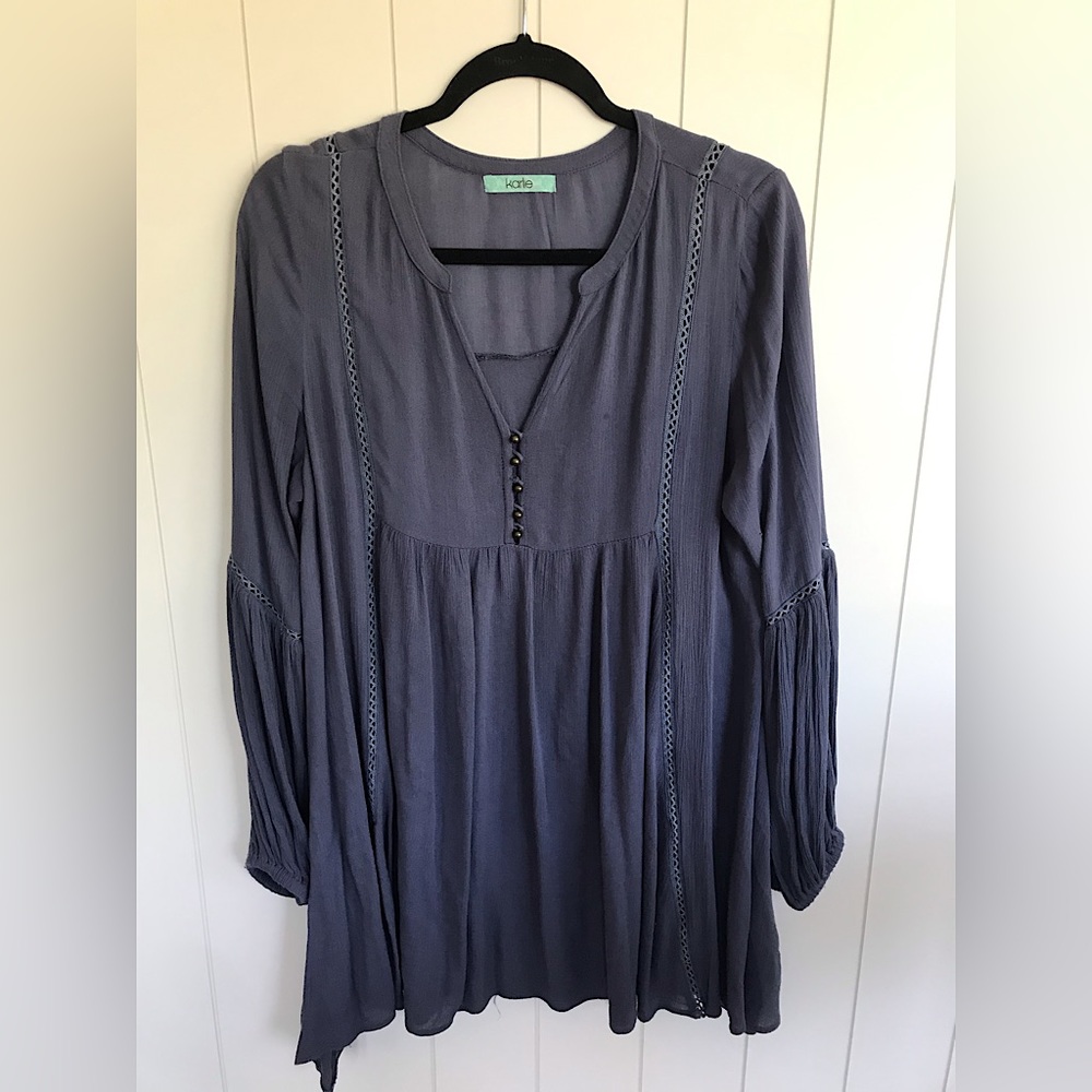 Blue v-neck long sleeve flowy short dress, bell style sleeve, boho women’s dress